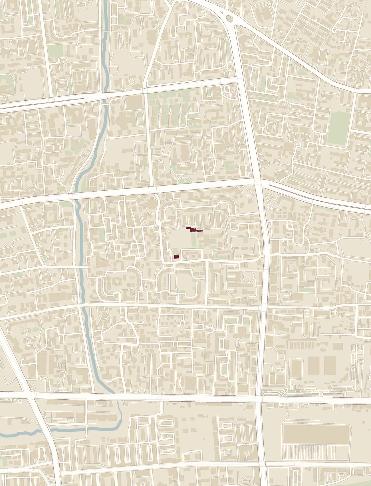 Map of the 13th microdistrict in Bayanzürkh District, Ulaanbaatar, with Oyunlag's buildings marked in maroon
